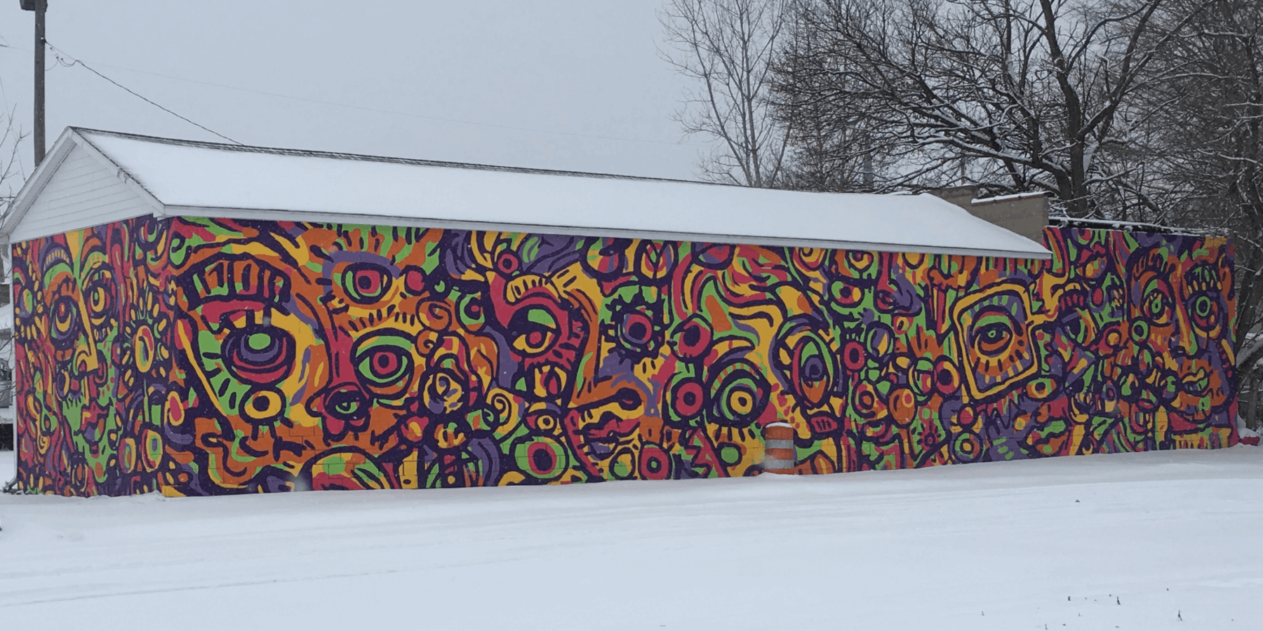 Whole completed mural in snow